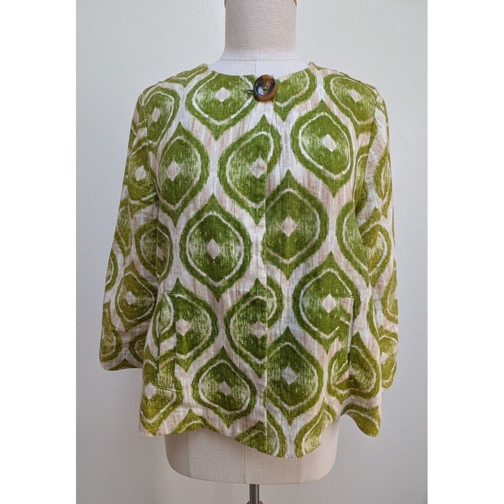 Chico’s 100% Linen Jacket  Ikat Print 3/4 Sleeve Single Button Size 1 M / 8-10